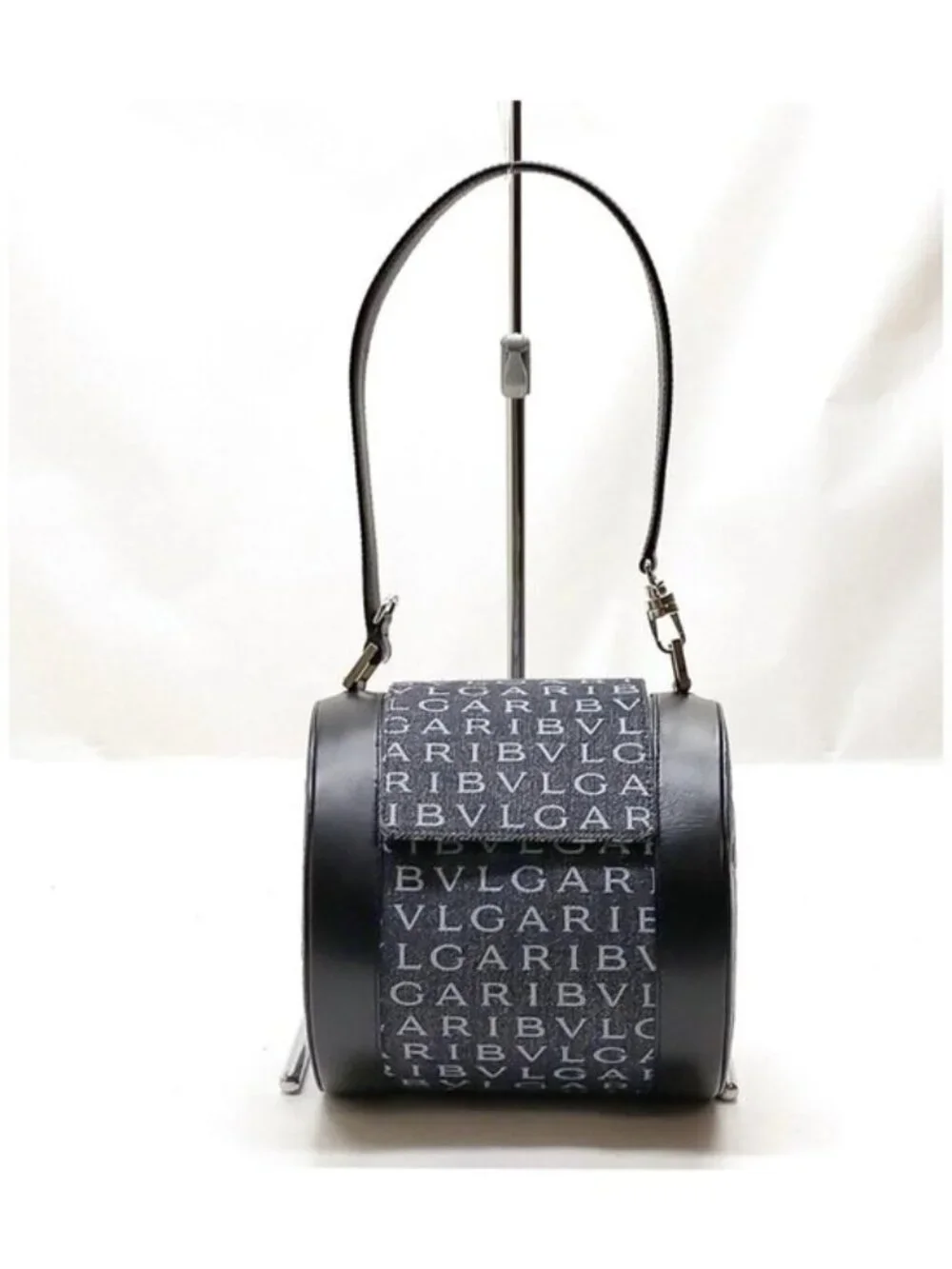 Authentic Bvlgari Logo Canvas Cylinder Shoulder Bag Black Leather